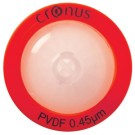 Cronus 25mm PVDF Syringe Filter 0.45µm. Luer Lock inlet, Luer Spike outlet.